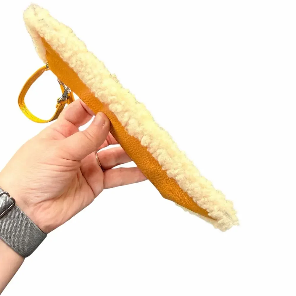 Coach Yellow Leather Shearling Trim Wristlet Pouch